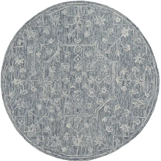 5' Blue And Ivory Wool Floral Hand Tufted Round Rug Photo 2