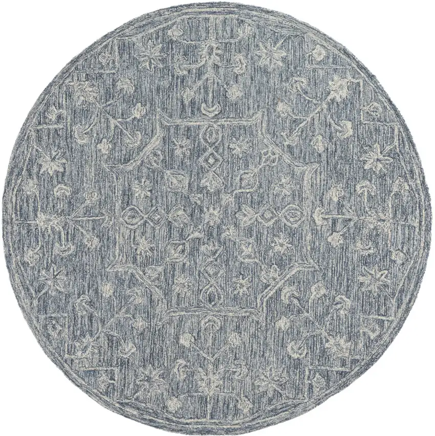 5' Blue And Ivory Wool Floral Hand Tufted Round Rug Photo 2
