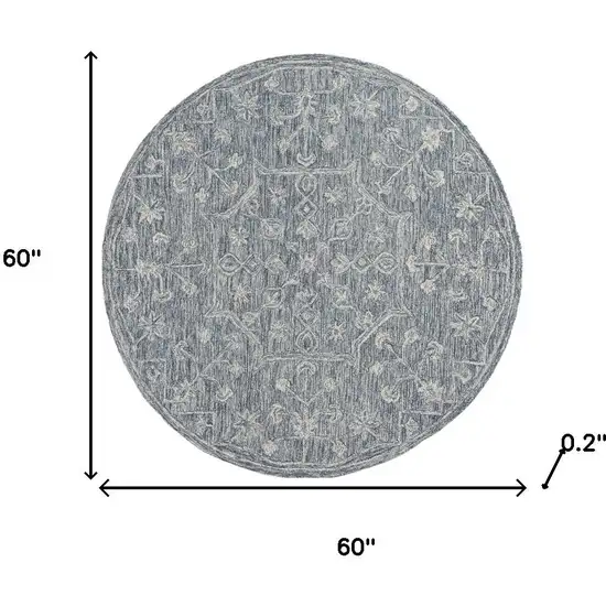 5' Blue And Ivory Wool Floral Hand Tufted Round Rug Photo 3