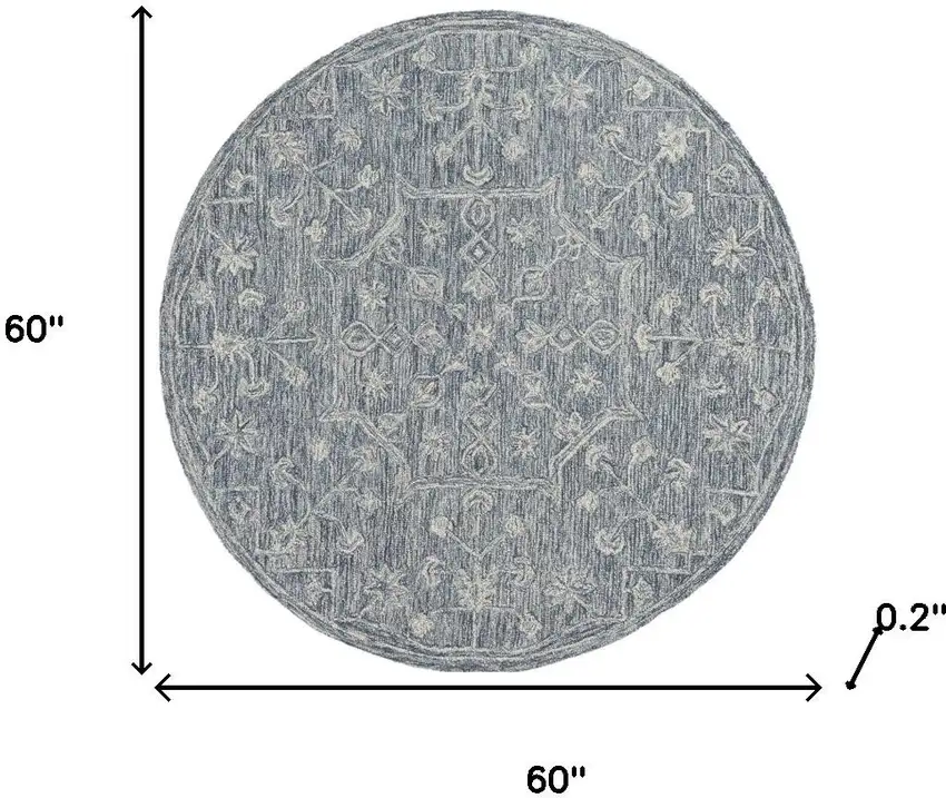 5' Blue And Ivory Wool Floral Hand Tufted Round Rug Photo 3