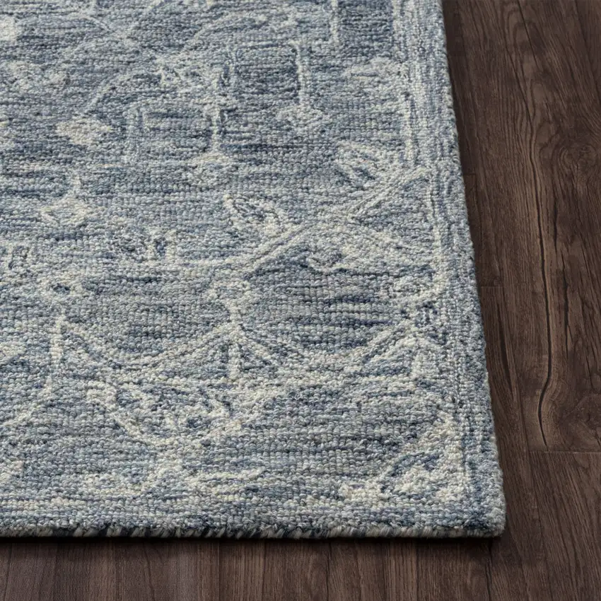 8' Blue And Ivory Wool Floral Hand Tufted Runner Rug Photo 7