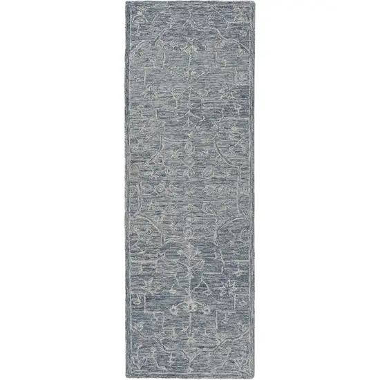 8' Blue And Ivory Wool Floral Hand Tufted Runner Rug Photo 2