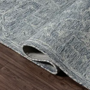 Photo of 8' Blue And Ivory Wool Floral Hand Tufted Runner Rug