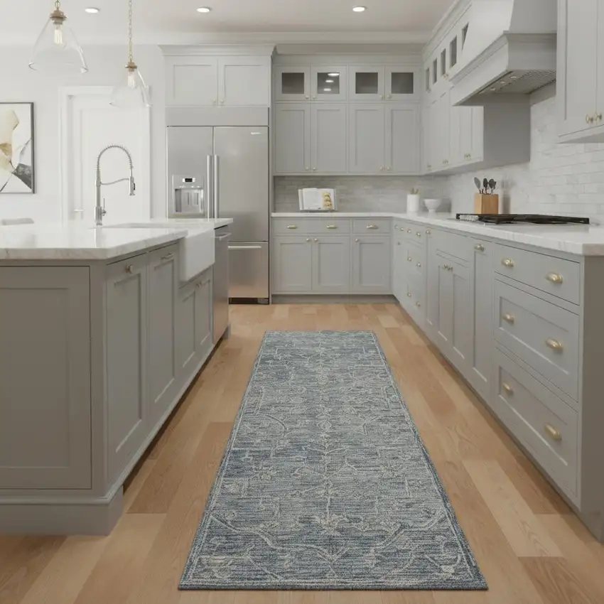 8' Blue And Ivory Wool Floral Hand Tufted Runner Rug Photo 1