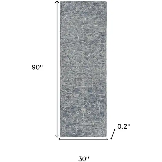 8' Blue And Ivory Wool Floral Hand Tufted Runner Rug Photo 3