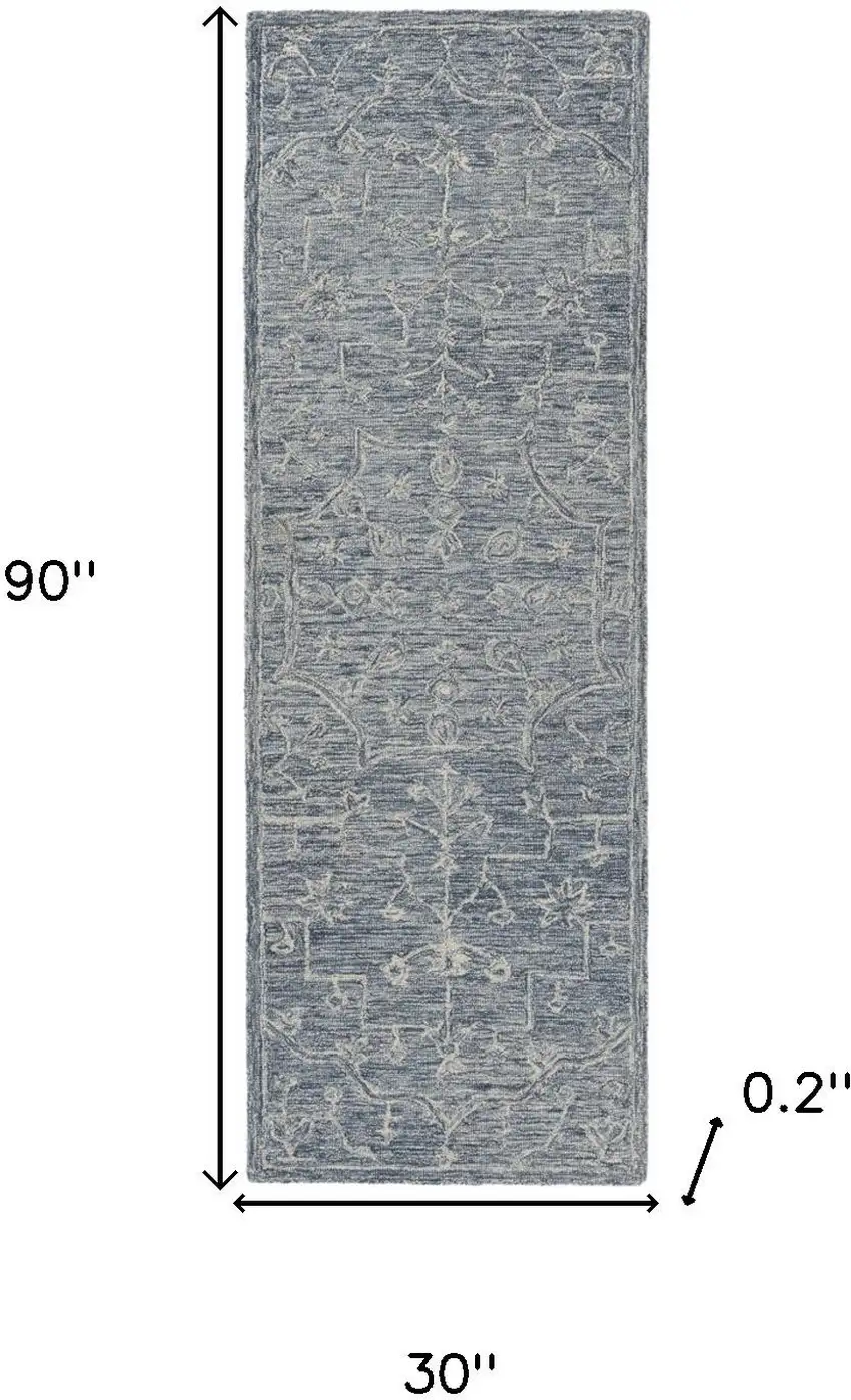 8' Blue And Ivory Wool Floral Hand Tufted Runner Rug Photo 3