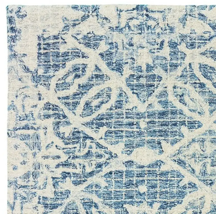 8' Blue And Ivory Wool Geometric Hand Tufted Runner Rug Photo 7