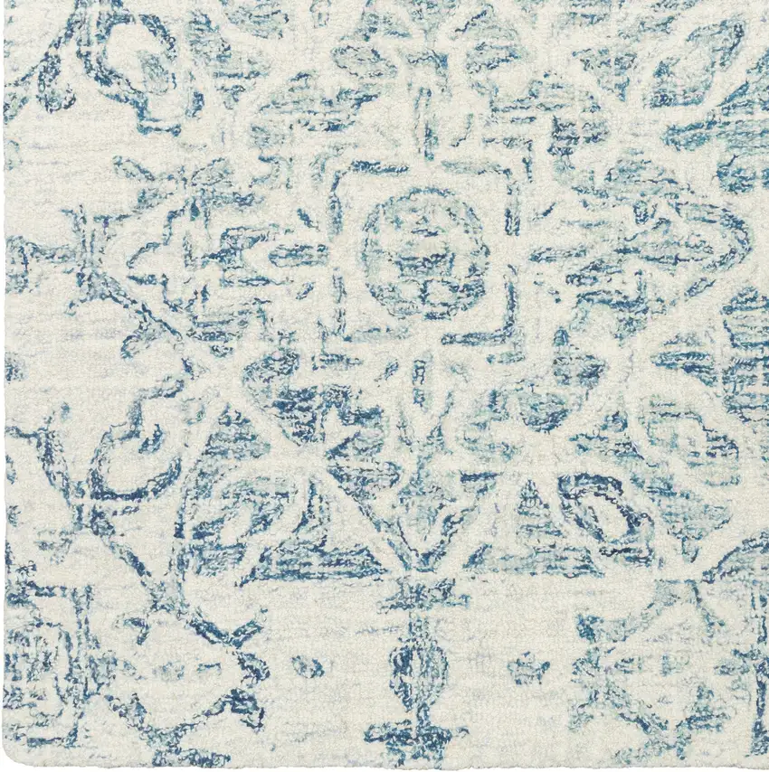 8' Blue And Ivory Wool Geometric Hand Tufted Runner Rug Photo 5