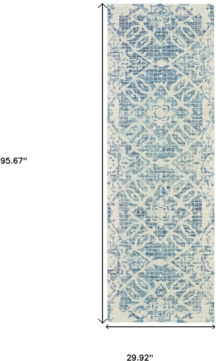8' Blue And Ivory Wool Geometric Hand Tufted Runner Rug Photo 3