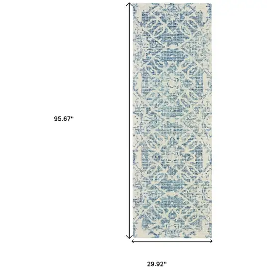 8' Blue And Ivory Wool Geometric Hand Tufted Runner Rug Photo 3