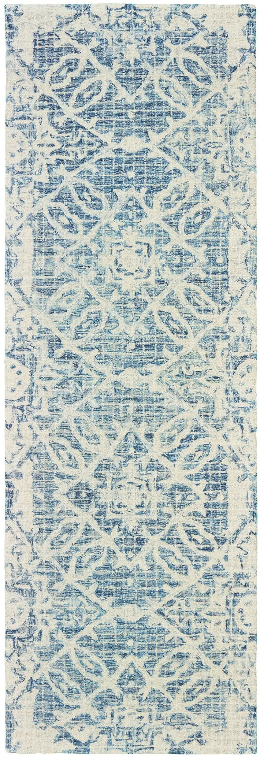 8' Blue And Ivory Wool Geometric Hand Tufted Runner Rug Photo 2