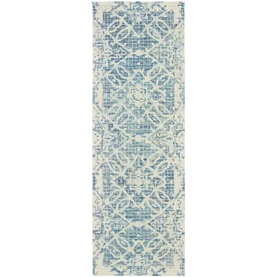 8' Blue And Ivory Wool Geometric Hand Tufted Runner Rug Photo 2