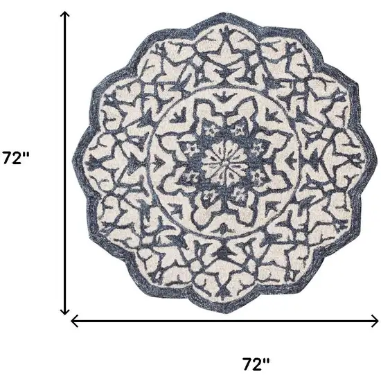 6' Blue And Ivory Wool Medallion Hand Tufted Round Rug Photo 3