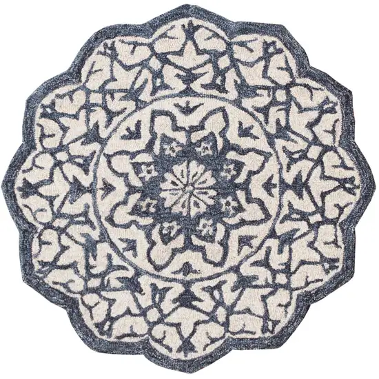 6' Blue And Ivory Wool Medallion Hand Tufted Round Rug Photo 2