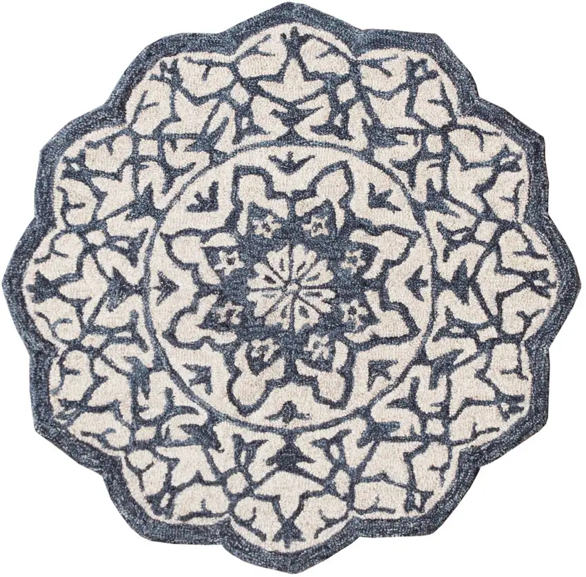6' Blue And Ivory Wool Medallion Hand Tufted Round Rug Photo 2