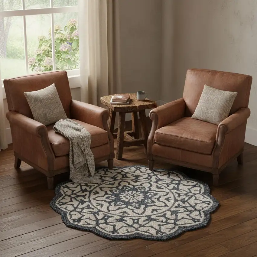 6' Blue And Ivory Wool Medallion Hand Tufted Round Rug Photo 1