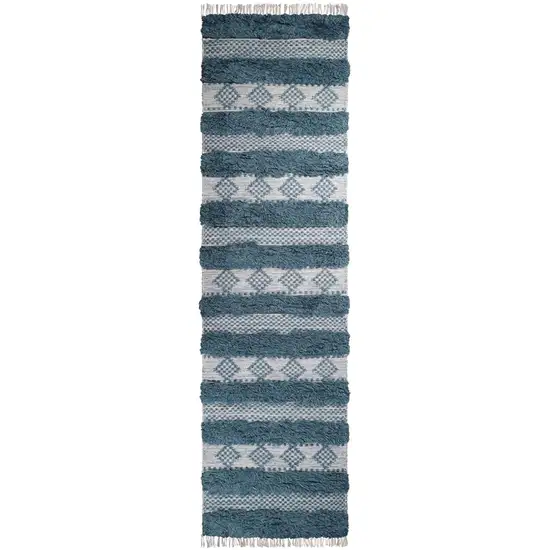 10' Blue And Ivory Wool Striped Flatweave Handmade Stain Resistant Runner Rug With Fringe Photo 1