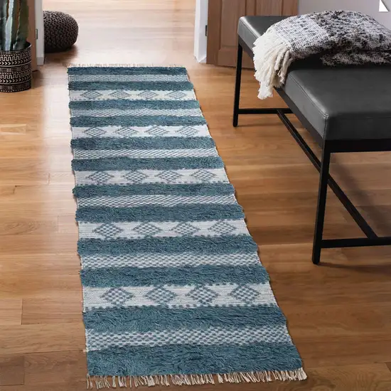 10' Blue And Ivory Wool Striped Flatweave Handmade Stain Resistant Runner Rug With Fringe Photo 6