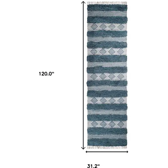 10' Blue And Ivory Wool Striped Flatweave Handmade Stain Resistant Runner Rug With Fringe Photo 7