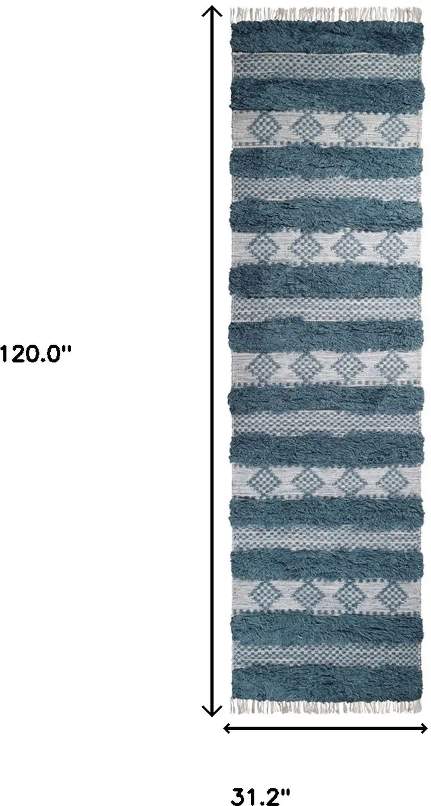 10' Blue And Ivory Wool Striped Flatweave Handmade Stain Resistant Runner Rug With Fringe Photo 7