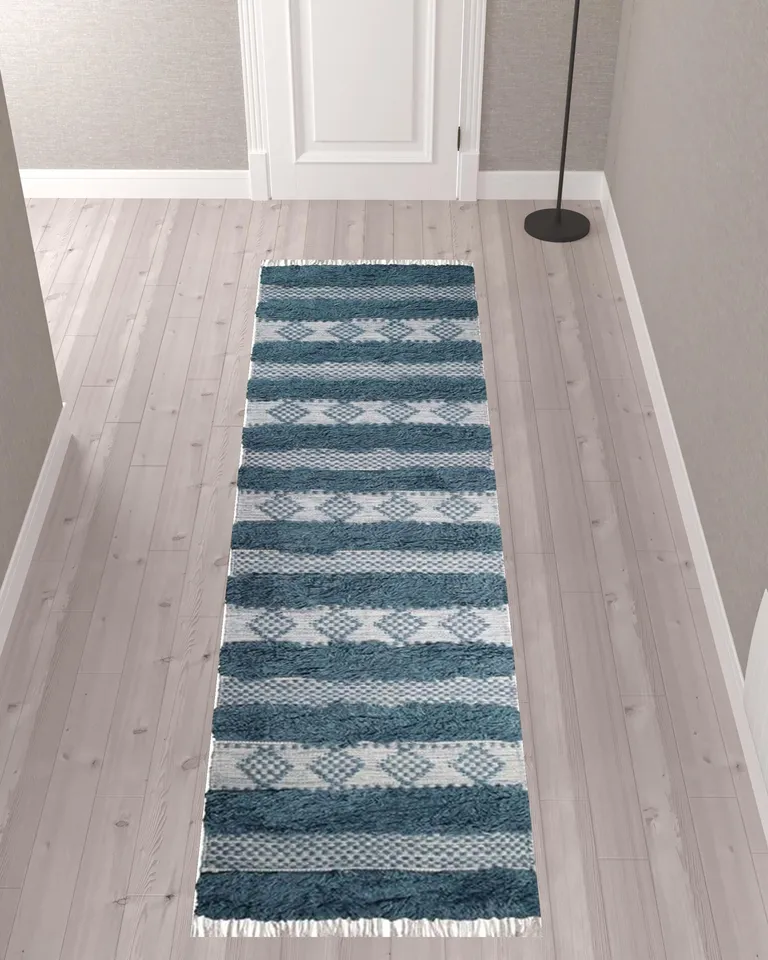 10' Blue And Ivory Wool Striped Flatweave Handmade Stain Resistant Runner Rug With Fringe Photo 2