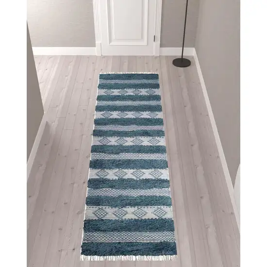 10' Blue And Ivory Wool Striped Flatweave Handmade Stain Resistant Runner Rug With Fringe Photo 2