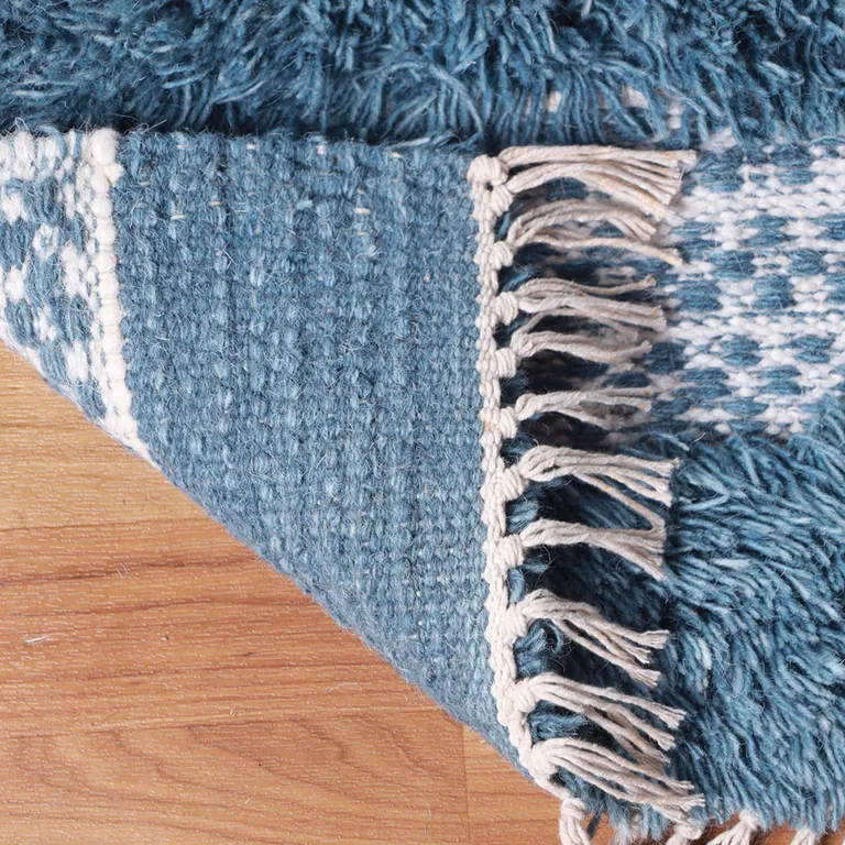 10' Blue And Ivory Wool Striped Flatweave Handmade Stain Resistant Runner Rug With Fringe Photo 4