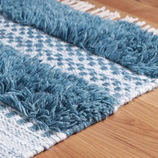 10' Blue And Ivory Wool Striped Flatweave Handmade Stain Resistant Runner Rug With Fringe Photo 5