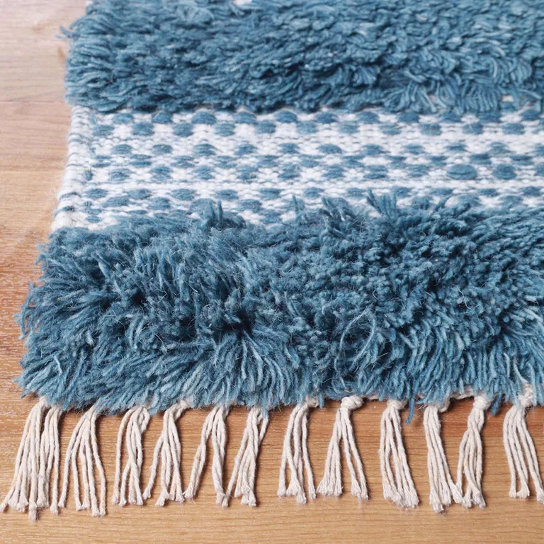 10' Blue And Ivory Wool Striped Flatweave Handmade Stain Resistant Runner Rug With Fringe Photo 3