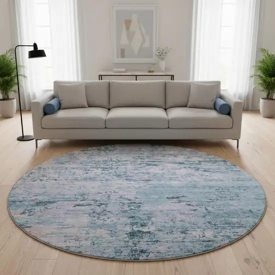 8' Blue And Lavender Abstract Washable Round Rug With UV Protection Photo 2