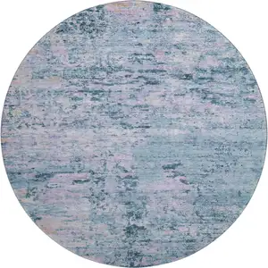 Photo of 8' Blue And Lavender Abstract Washable Round Rug With UV Protection