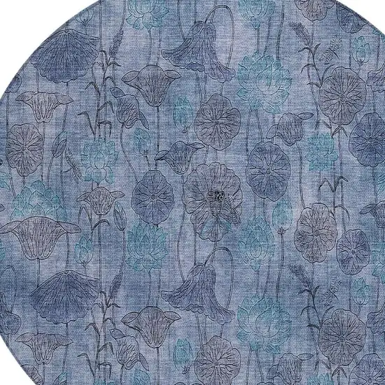 8' Blue And Lavender Round Floral Washable Indoor Outdoor Area Rug Photo 5