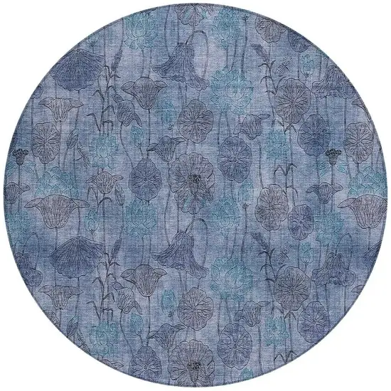 8' Blue And Lavender Round Floral Washable Indoor Outdoor Area Rug Photo 3