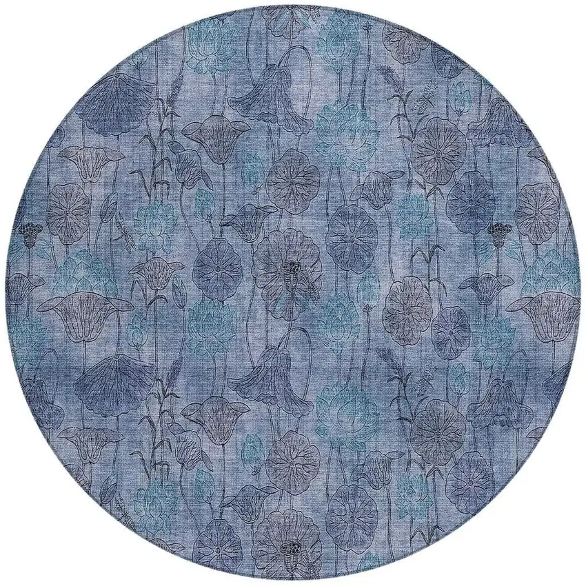 8' Blue And Lavender Round Floral Washable Indoor Outdoor Area Rug Photo 3