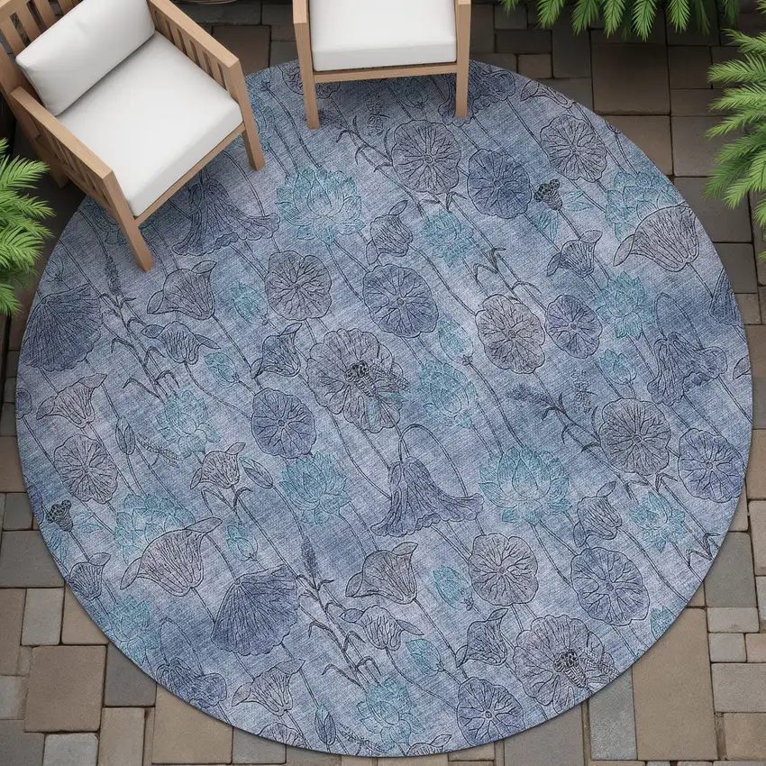 8' Blue And Lavender Round Floral Washable Indoor Outdoor Area Rug Photo 6