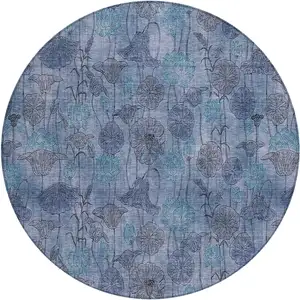 Photo of 8' Blue And Lavender Round Floral Washable Indoor Outdoor Area Rug