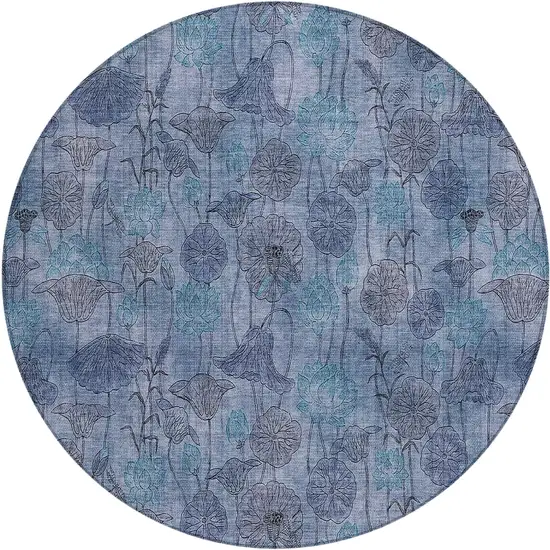 8' Blue And Lavender Round Floral Washable Indoor Outdoor Area Rug Photo 1
