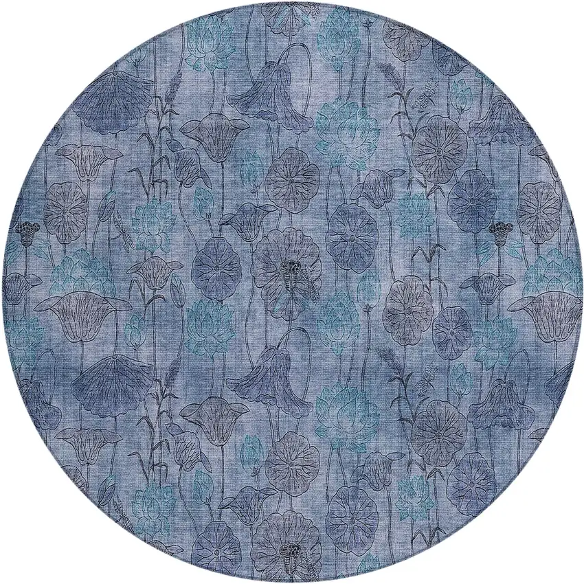 8' Blue And Lavender Round Floral Washable Indoor Outdoor Area Rug Photo 1