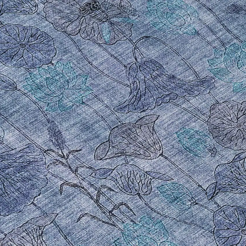 8' Blue And Lavender Round Floral Washable Indoor Outdoor Area Rug Photo 9