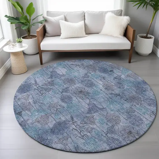 8' Blue And Lavender Round Floral Washable Indoor Outdoor Area Rug Photo 7