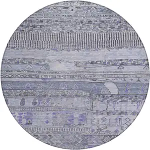 Photo of 8' Blue And Lavender Round Striped Washable Indoor Outdoor Area Rug