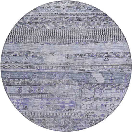 8' Blue And Lavender Round Striped Washable Indoor Outdoor Area Rug Photo 1