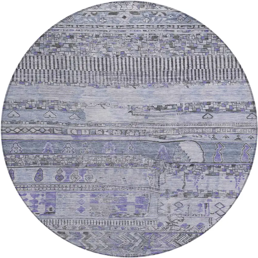 8' Blue And Lavender Round Striped Washable Indoor Outdoor Area Rug Photo 1