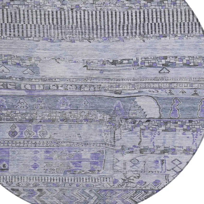 8' Blue And Lavender Round Striped Washable Indoor Outdoor Area Rug Photo 8