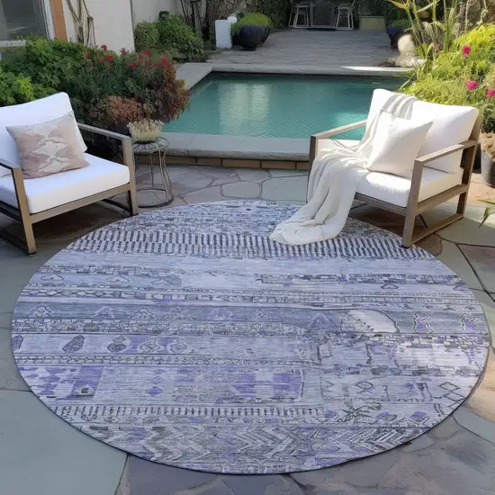 8' Blue And Lavender Round Striped Washable Indoor Outdoor Area Rug Photo 5
