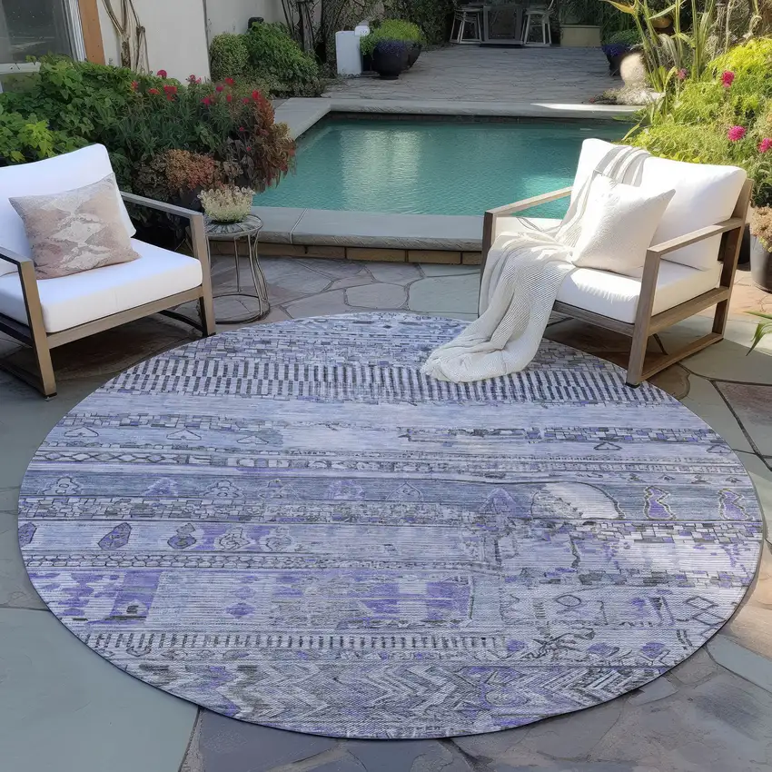 8' Blue And Lavender Round Striped Washable Indoor Outdoor Area Rug Photo 5