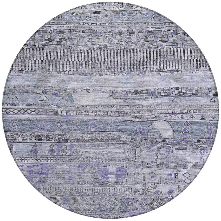 8' Blue And Lavender Round Striped Washable Indoor Outdoor Area Rug Photo 3