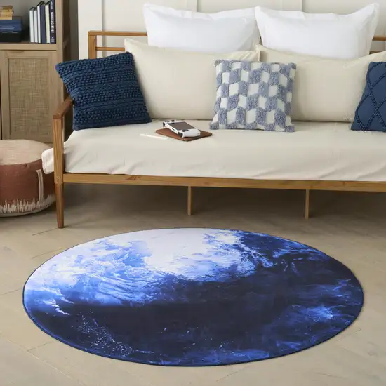 5' Blue And Light Blue Earth Youthful Washable Round Rug Photo 5