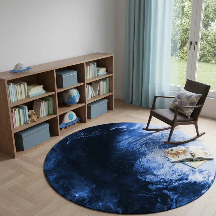 5' Blue And Light Blue Earth Youthful Washable Round Rug Photo 1