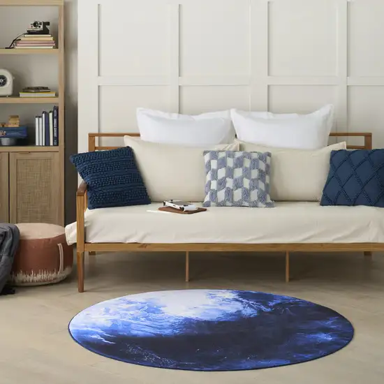 5' Blue And Light Blue Earth Youthful Washable Round Rug Photo 4